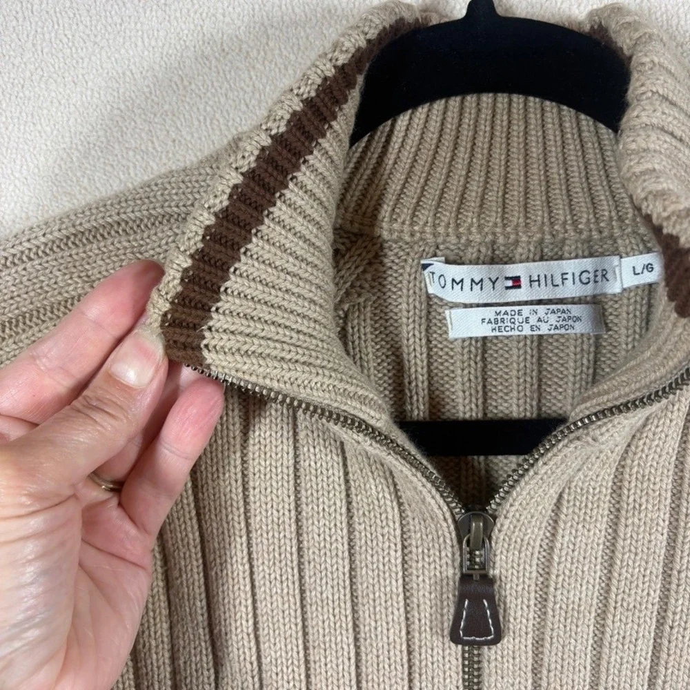 Vtg Tommy Hilfiger Womens Y2K Preppy‎ Rib Full Zip Cotton Sweater Lg Tan Acadmia